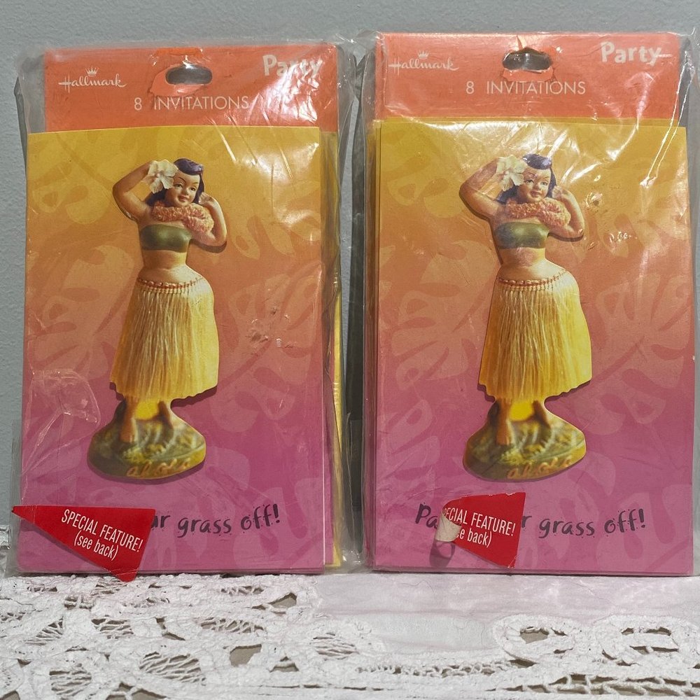 16 Hallmark Luau Invitations Party Your Grass Off 3D Hula girl moves on a spring